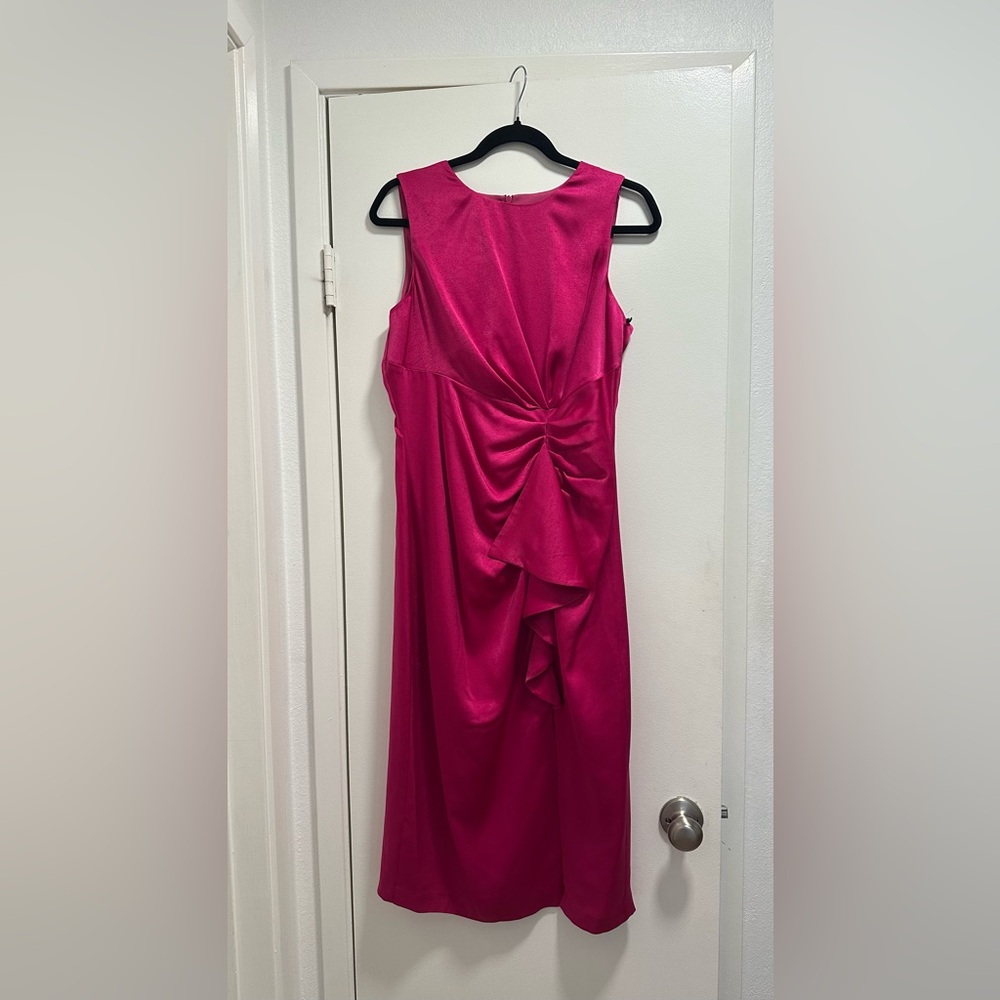Vince Camuto Satin Tuck Waisted Pink Midi Dress